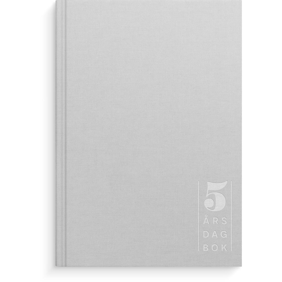 Ljusgrå 5-årsdagbok med linnetextil och silvertryck för Almanacka Burde 1059