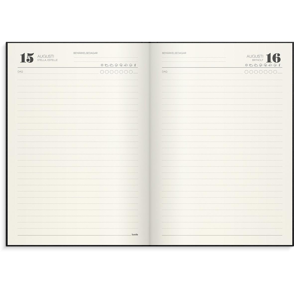 Öppnad svart 1-årsdagbok med datum och linjer för anteckningar