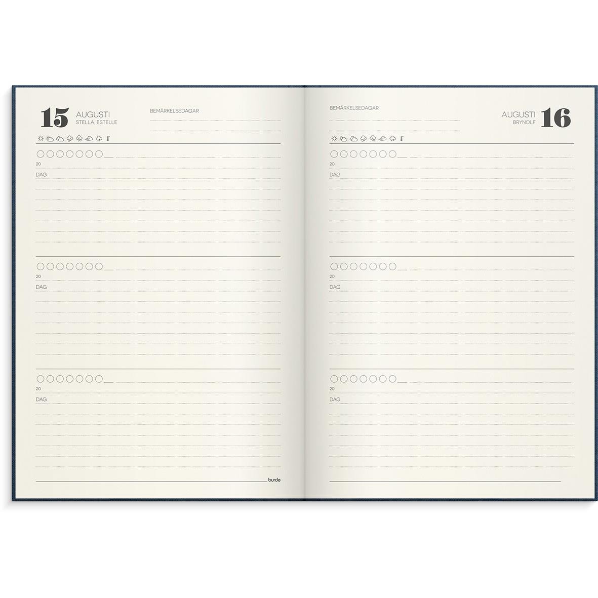 Öppnad mörkgrå almanacka för 3-årsdagbok med datum 15-16 augusti och linjer för anteckningar