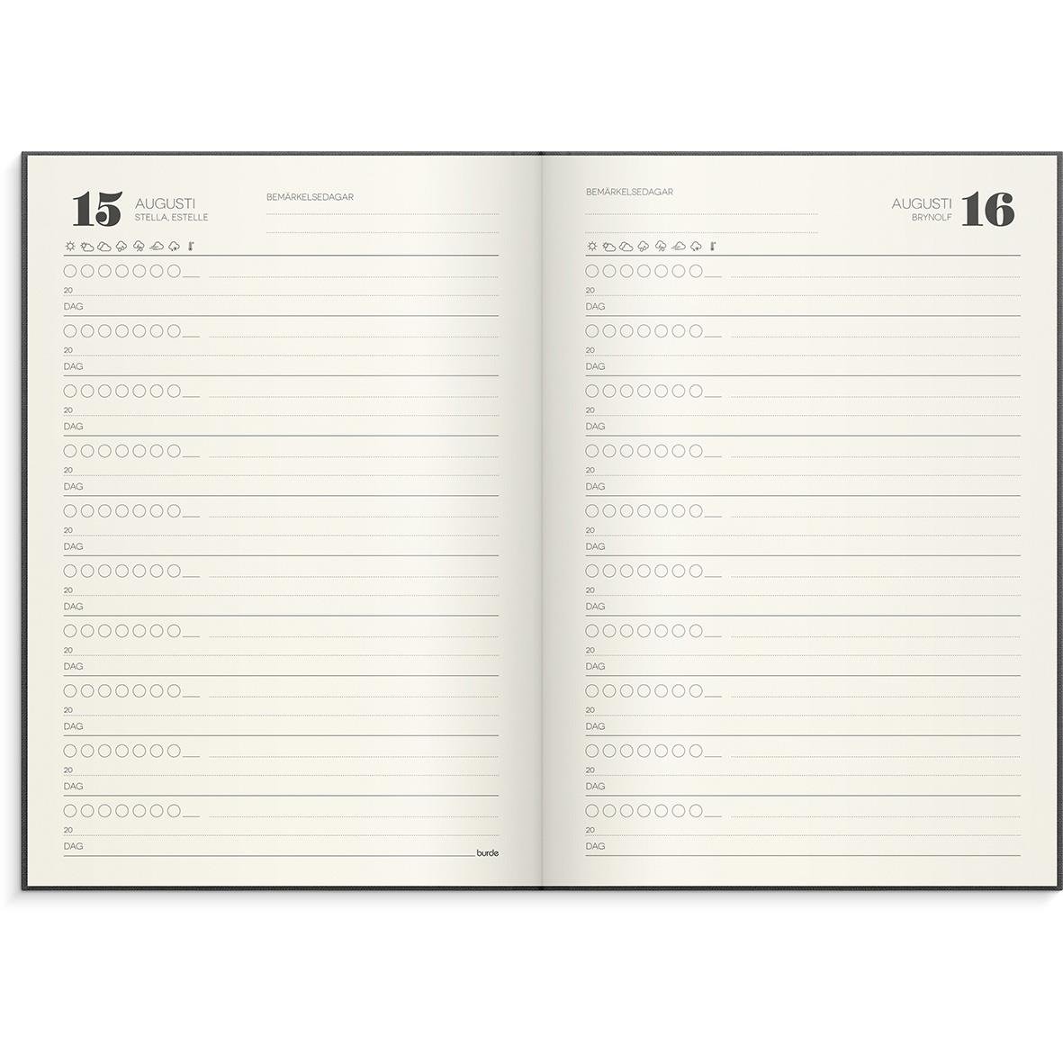 Öppnad 10-årsdagbok med datum 15-16 augusti, linjer för anteckningar, mörkgrått omslag