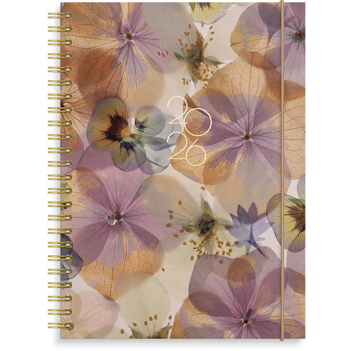 Årsalmanacka för 2026 med blommönster i pastellfärger och guldspiralbindning