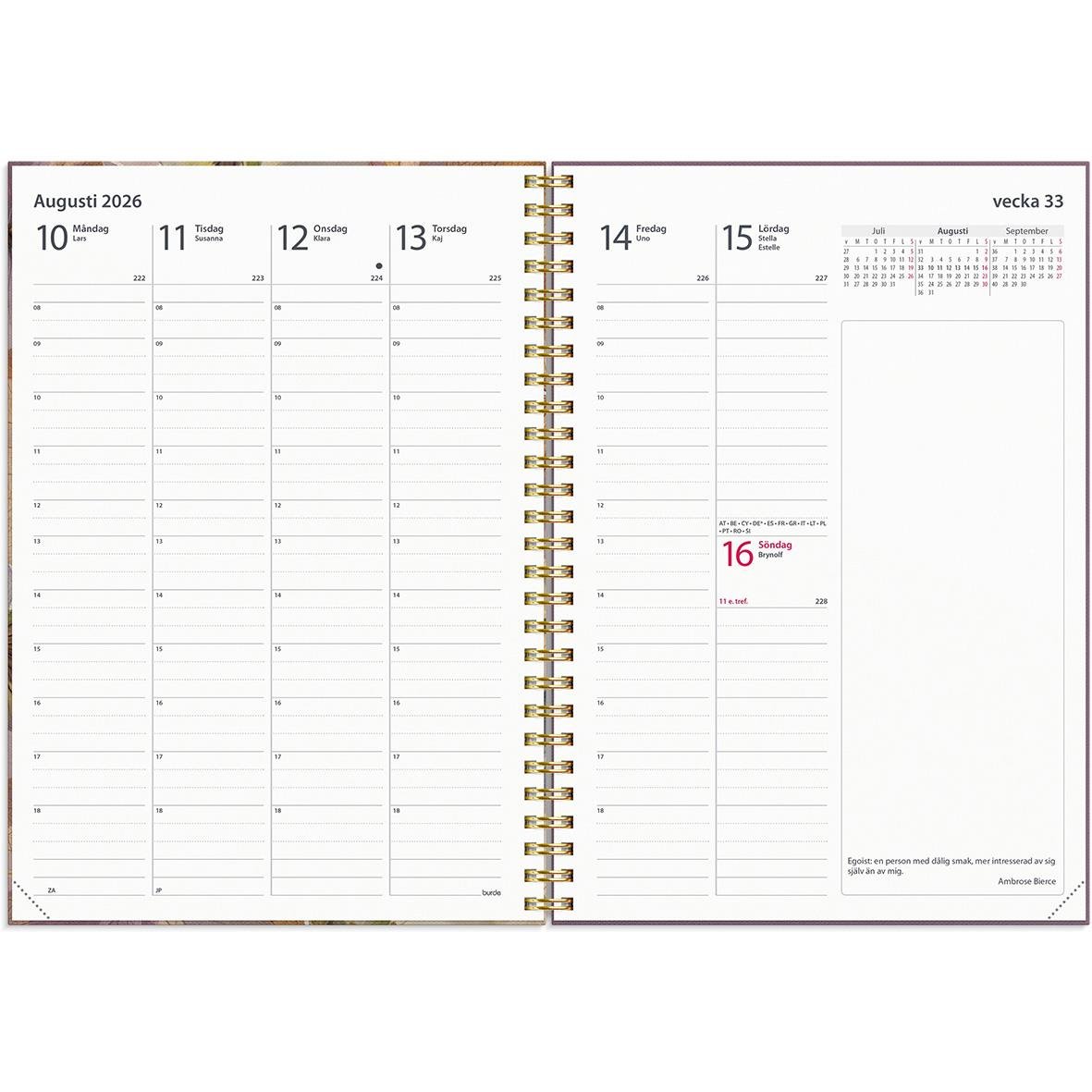 Öppnad almanacka för augusti 2026 med veckoplanering och datum för vecka 33