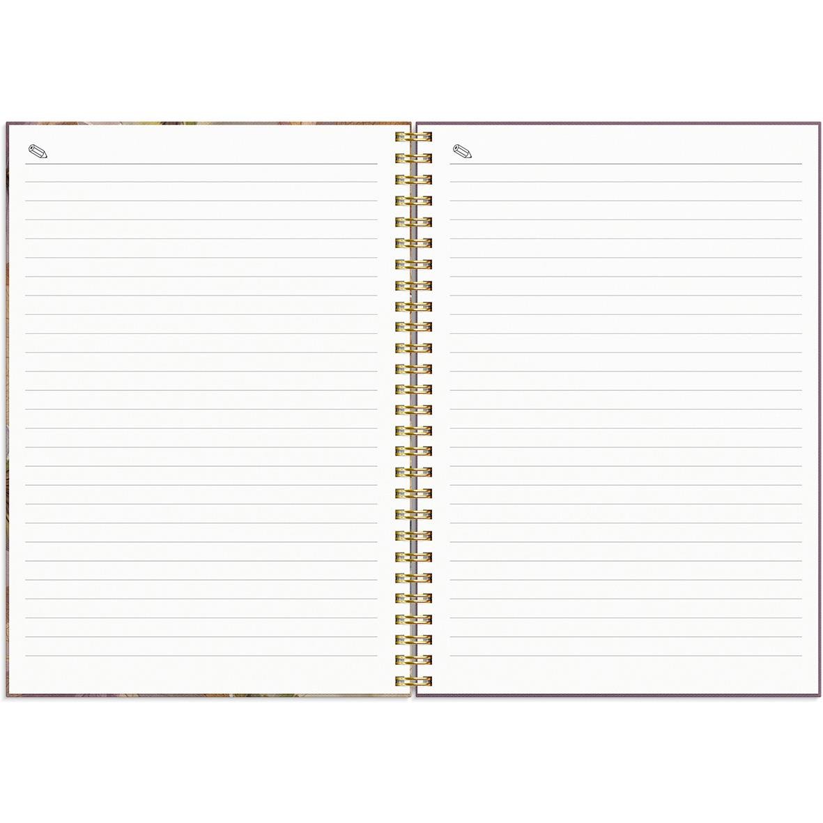 Öppet spiralbundet anteckningsblock med linjerade sidor och pennsymboler i hörnen