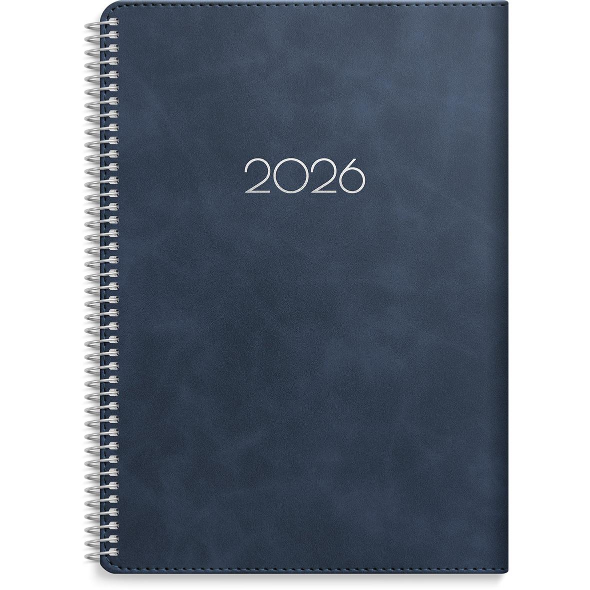Blå almanacka för 2026 med spiralrygg och minimalistisk design