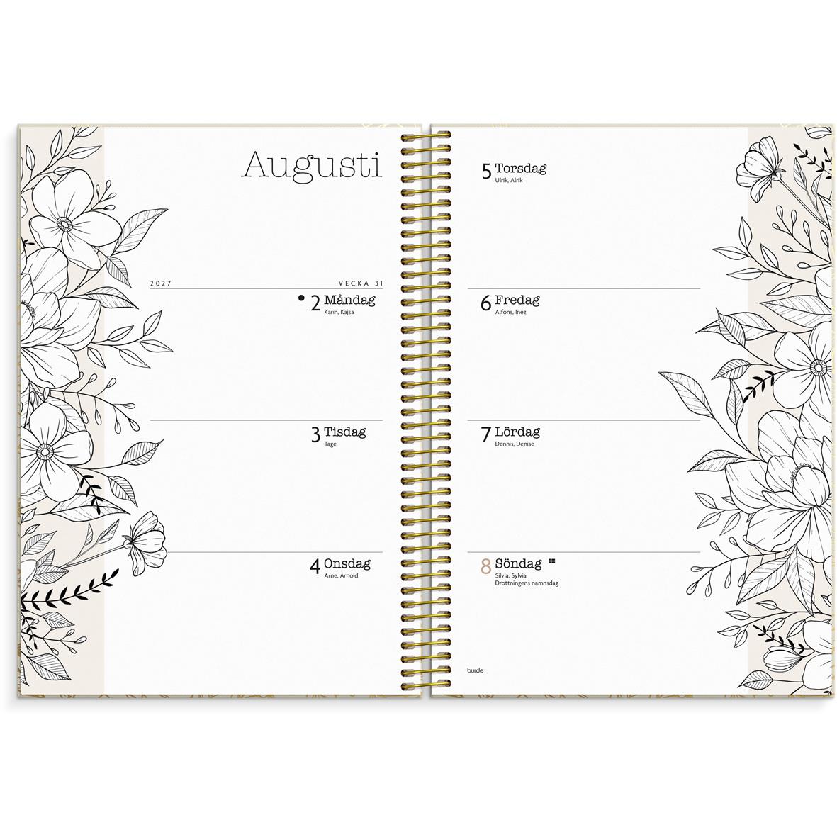 Öppnad almanacka för september med plats för anteckningar och blomsterillustrationer på sidorna