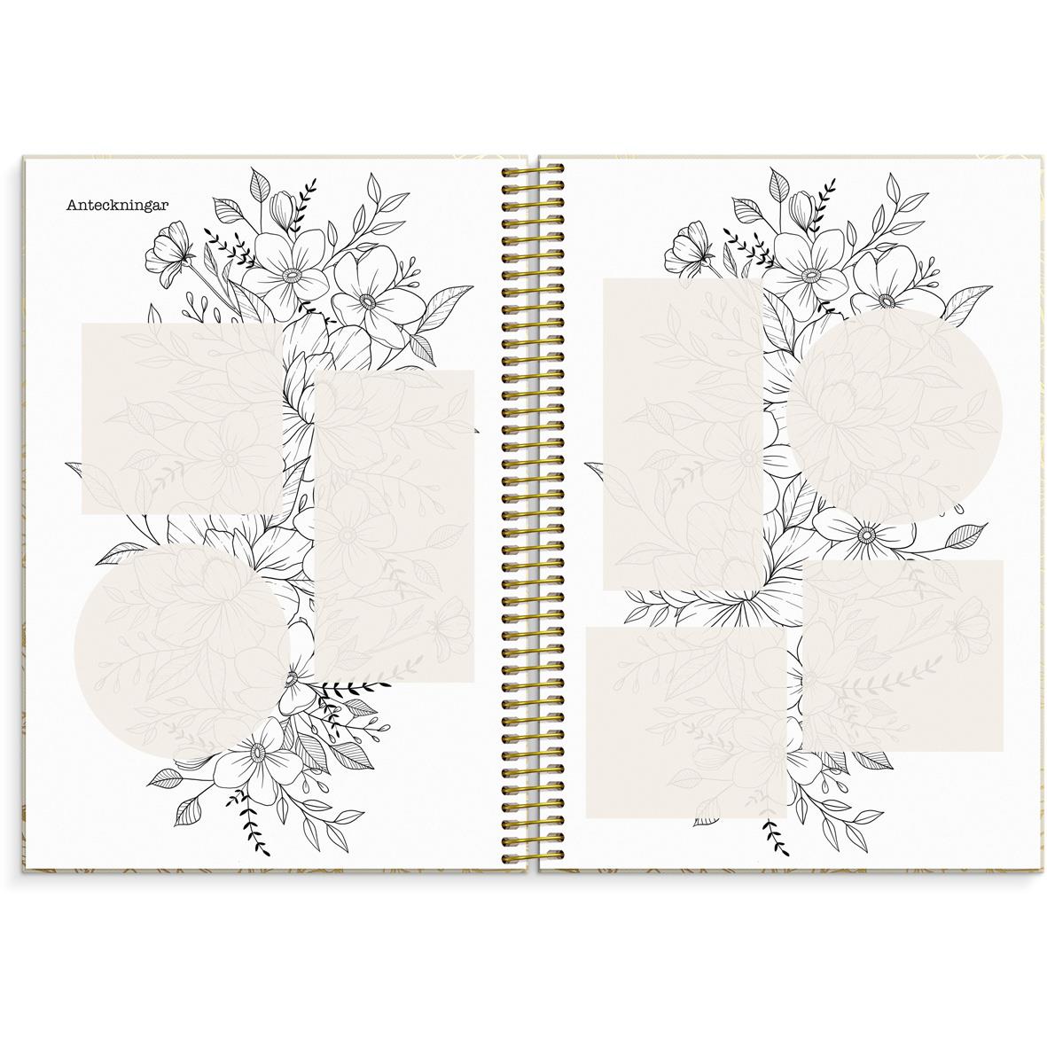 Öppnad almanacka för 2026 med blomsterdekor och veckoplanering