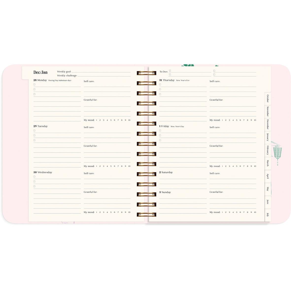 Öppen almanacka för januari 2016 med veckodagar och plats för anteckningar, rosa och vit design