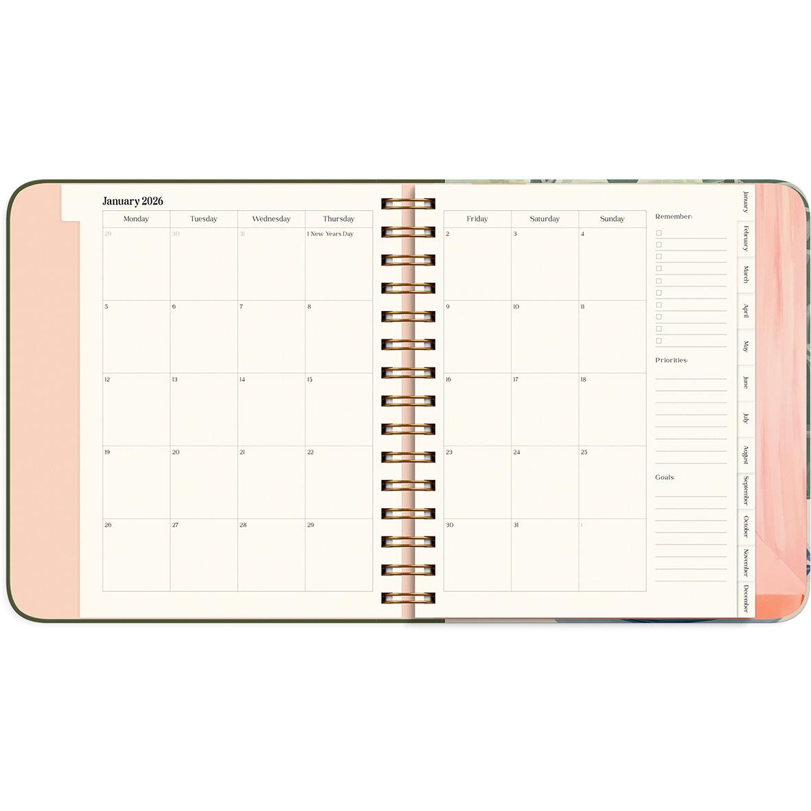 Öppen almanacka för januari 2016 med veckodagar och plats för anteckningar, rosa och vit design