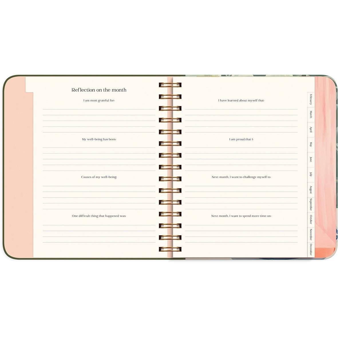 Öppnad almanacka för 2026 med reflektioner och utrymme för dagbokssidor i rosa och beige nyanser