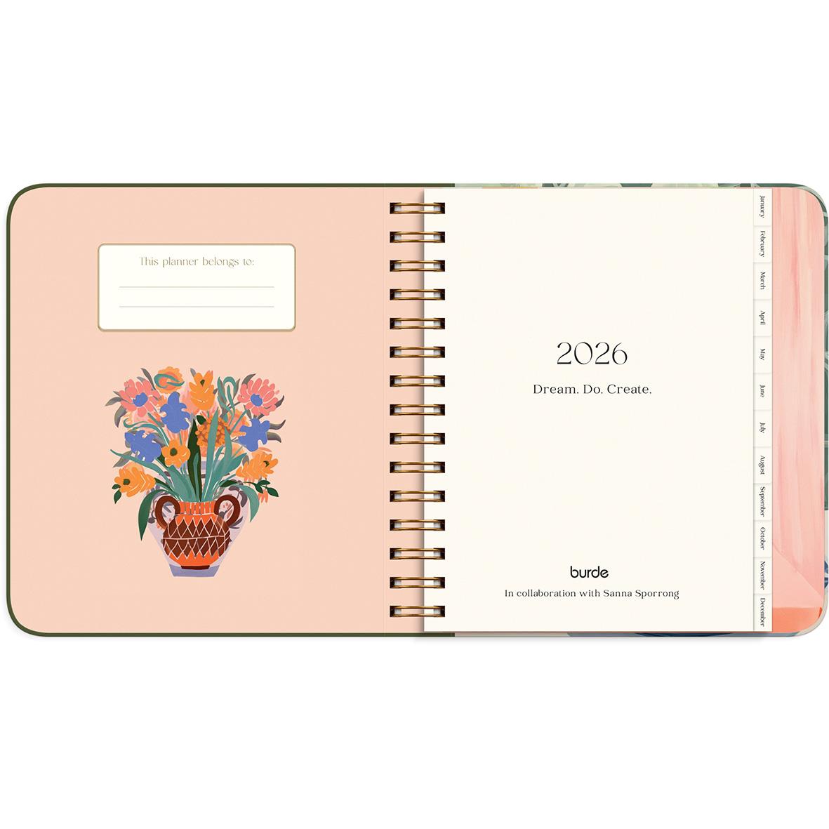 Årsalmanacka för 2026 med blomsterillustration och plats för personligt meddelande