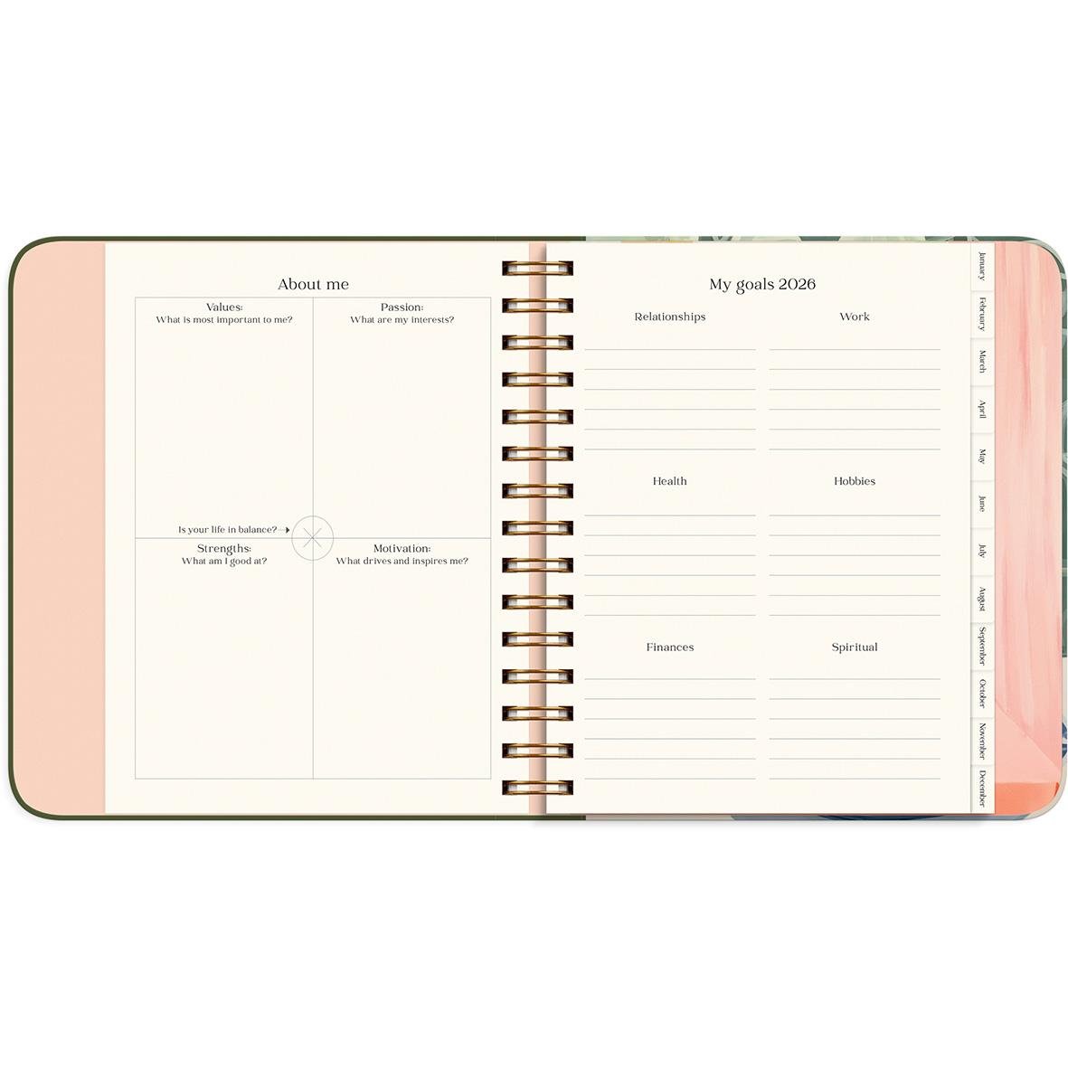 Öppen almanacka för 2026 med sektioner för mål, hälsa, ekonomi och arbete, samt plats för anteckningar och planer.