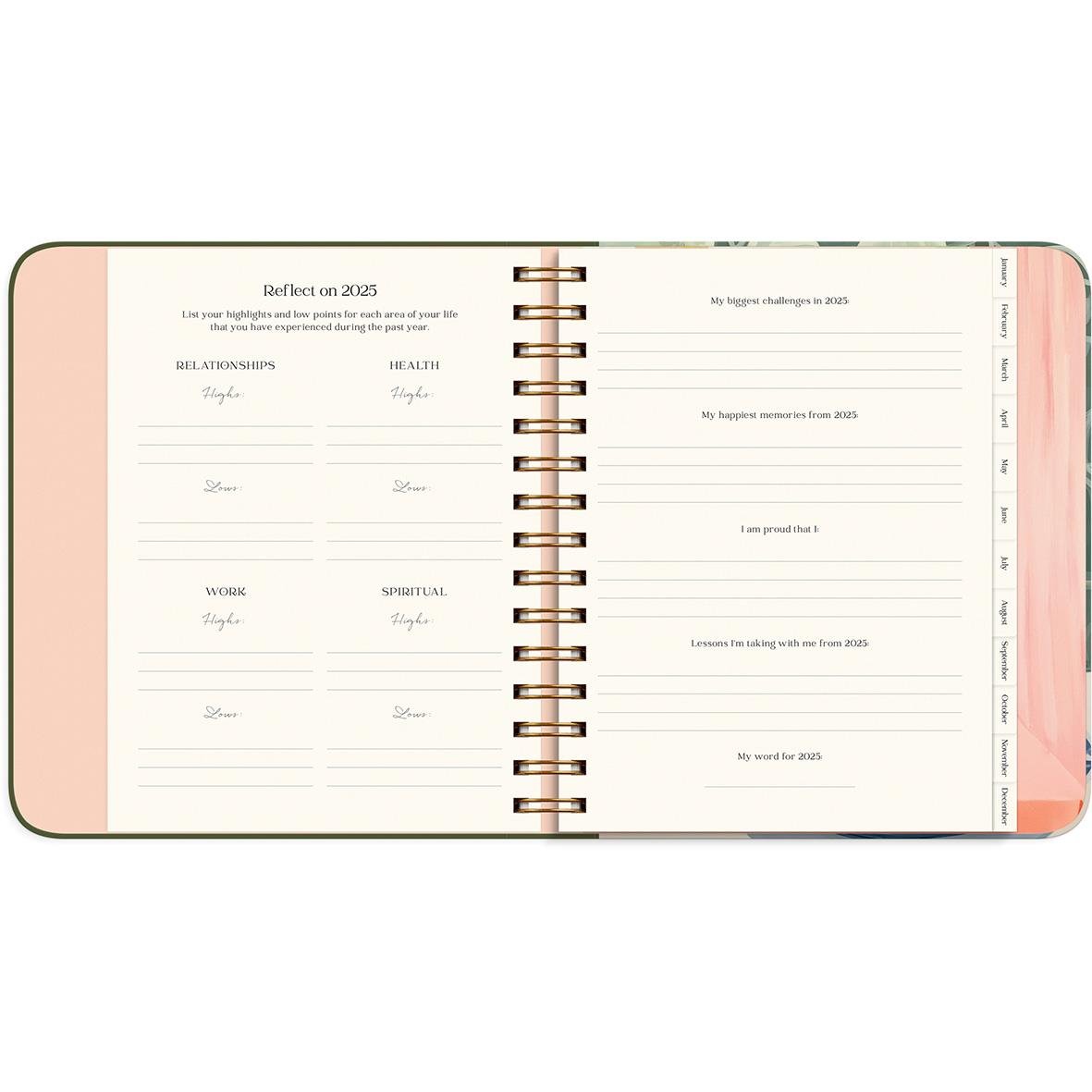 Öppen almanacka för 2026 med plats för reflektioner och planering, dekorativ design, spiralbindning