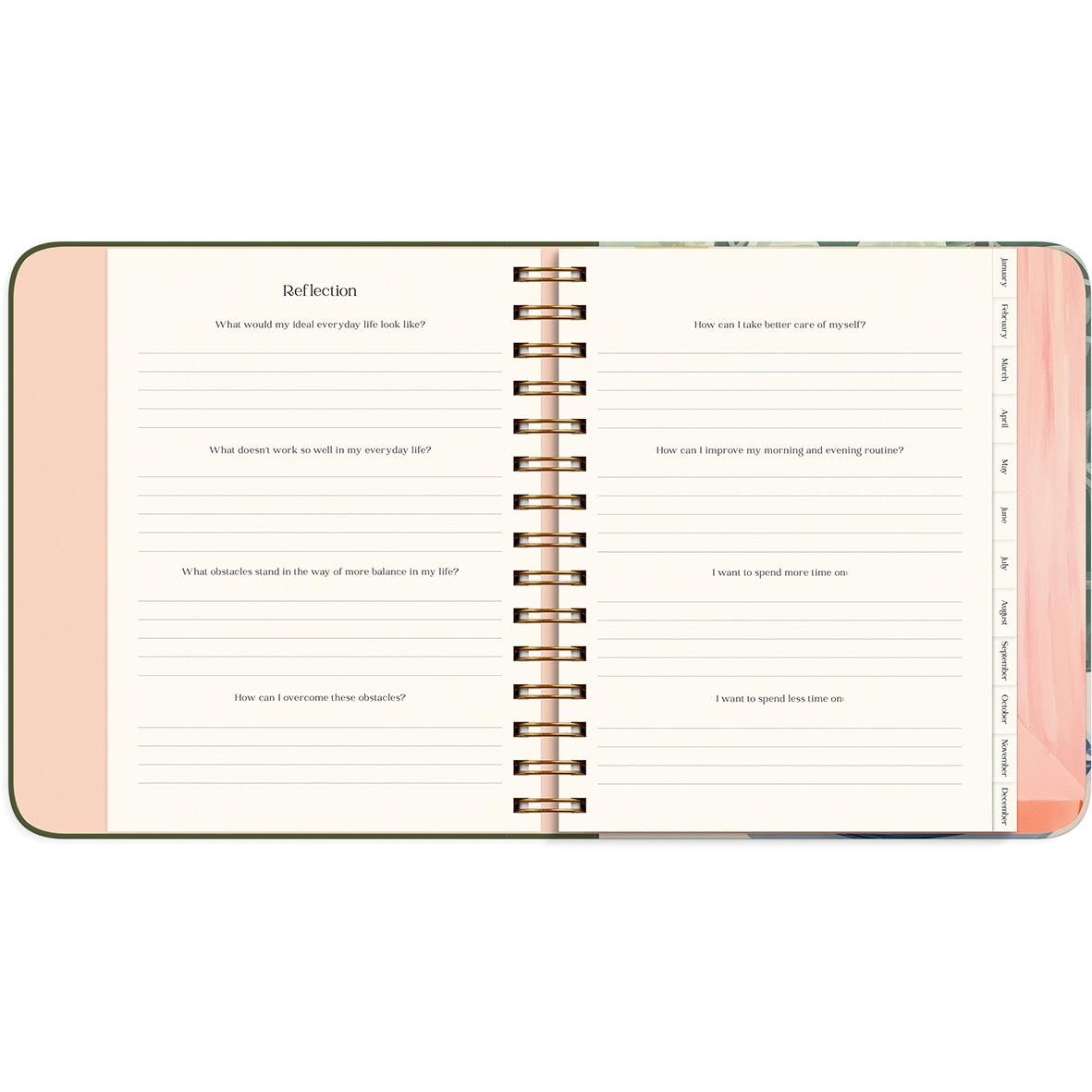 Öppen almanacka för 2026 med reflekterande sidor för daglig reflektion och planering