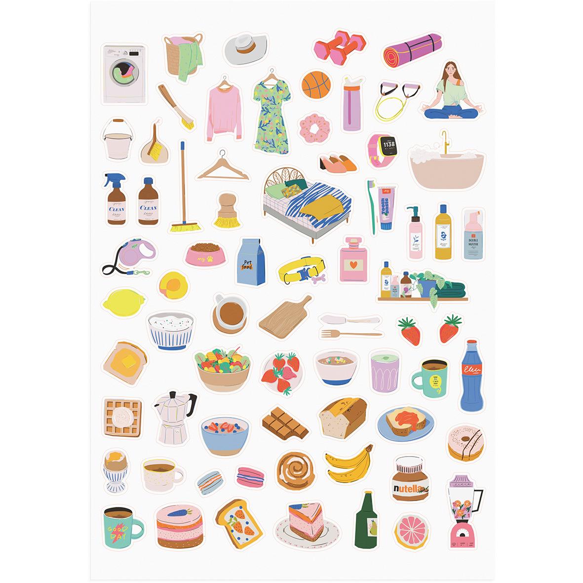 En samling av vardagsföremål som kläder, mat, drycker, skönhetsprodukter och hushållsartiklar i pastelldesign