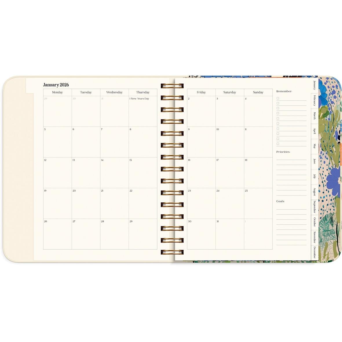 Öppen kalender för januari 2016 med plats för anteckningar och planering i en spiralbunden almanacka