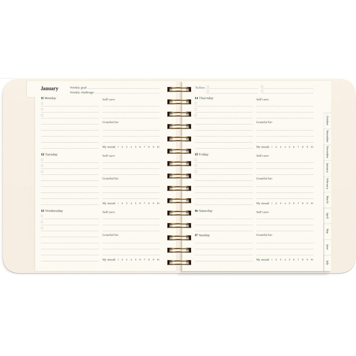 Öppen kalender för januari 2016 med plats för anteckningar och planering i en spiralbunden almanacka