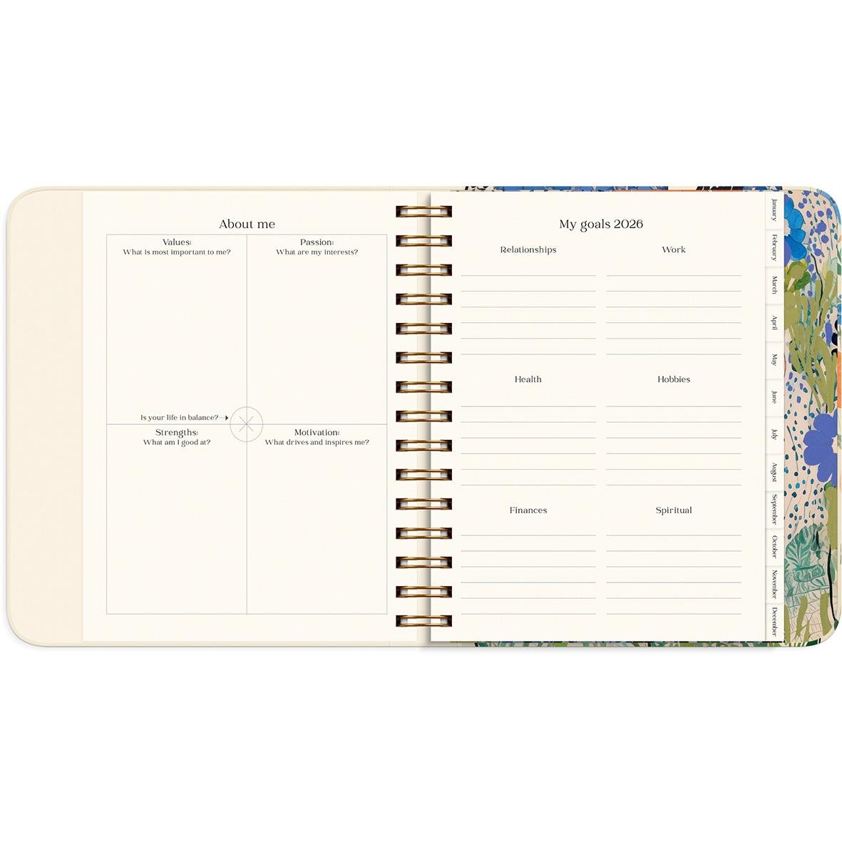 Öppnad almanacka för 2026 med sektioner för mål, hälsa, ekonomi och fritid