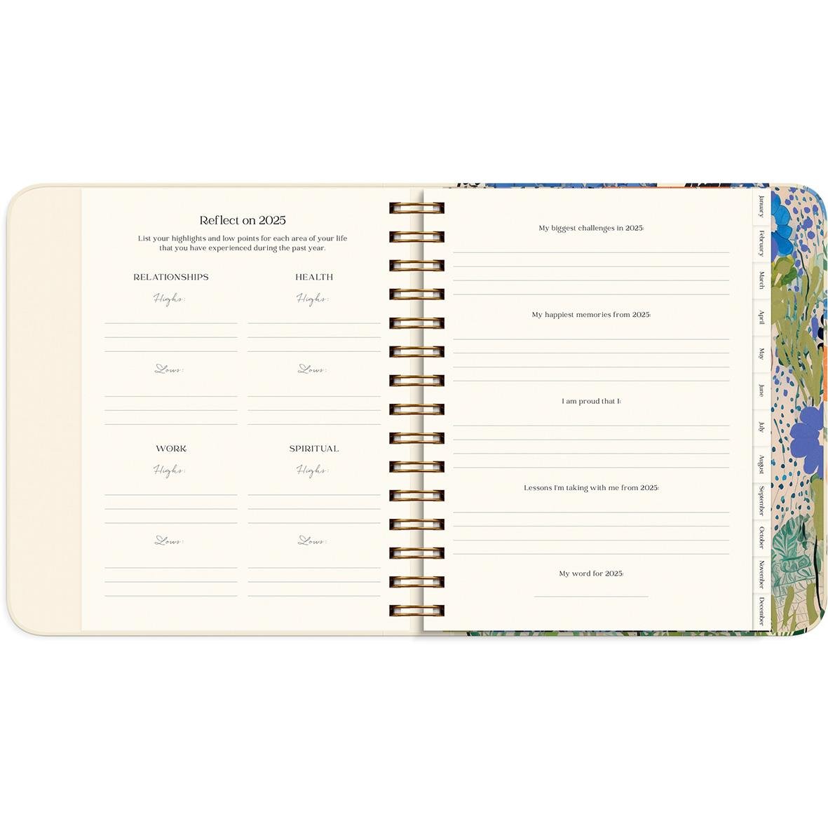 Öppnad almanacka för 2026 med plats för reflektioner och planer, inramad av färgglada mönster på kanten