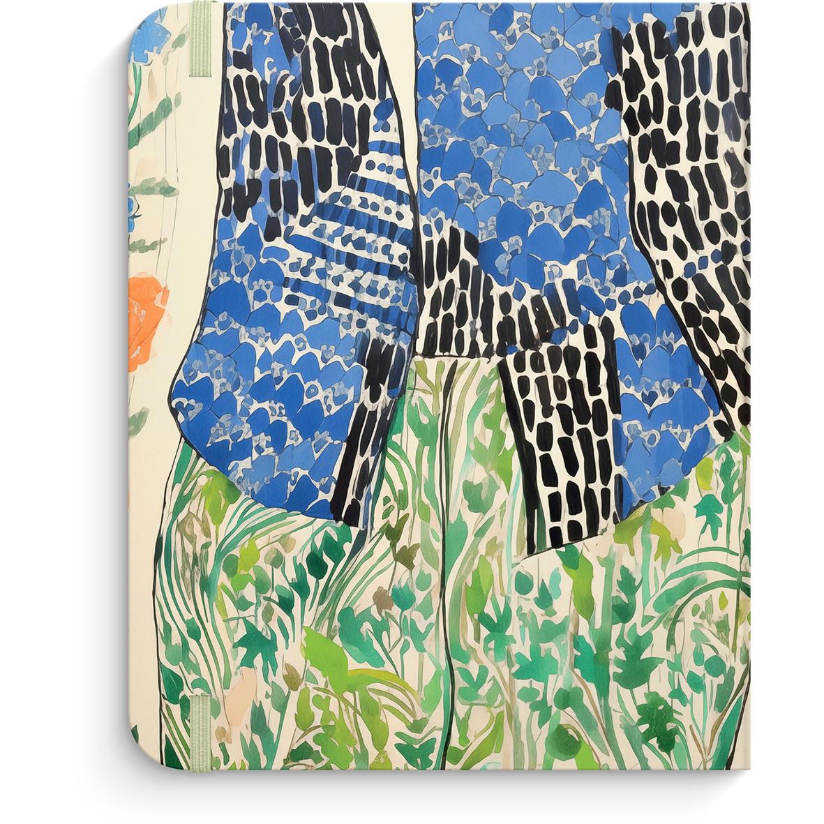 Färgglad konstnärlig illustration av en person i blå, svart och grönt mönstrad klädsel