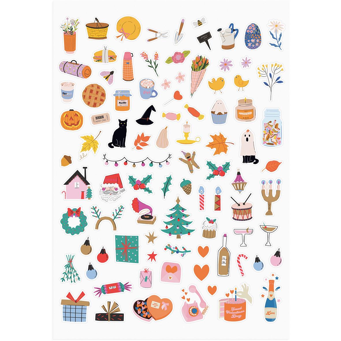 Färgglada illustrationer av juldekorationer, djur, presenter och festartiklar på en kalender för 2026