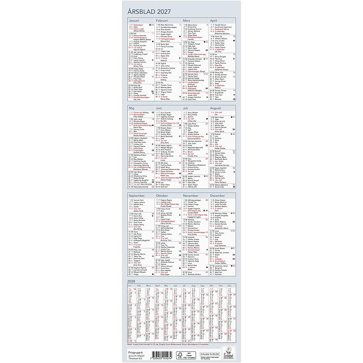 Årsblad för 2027 med kalender och datum för hela året