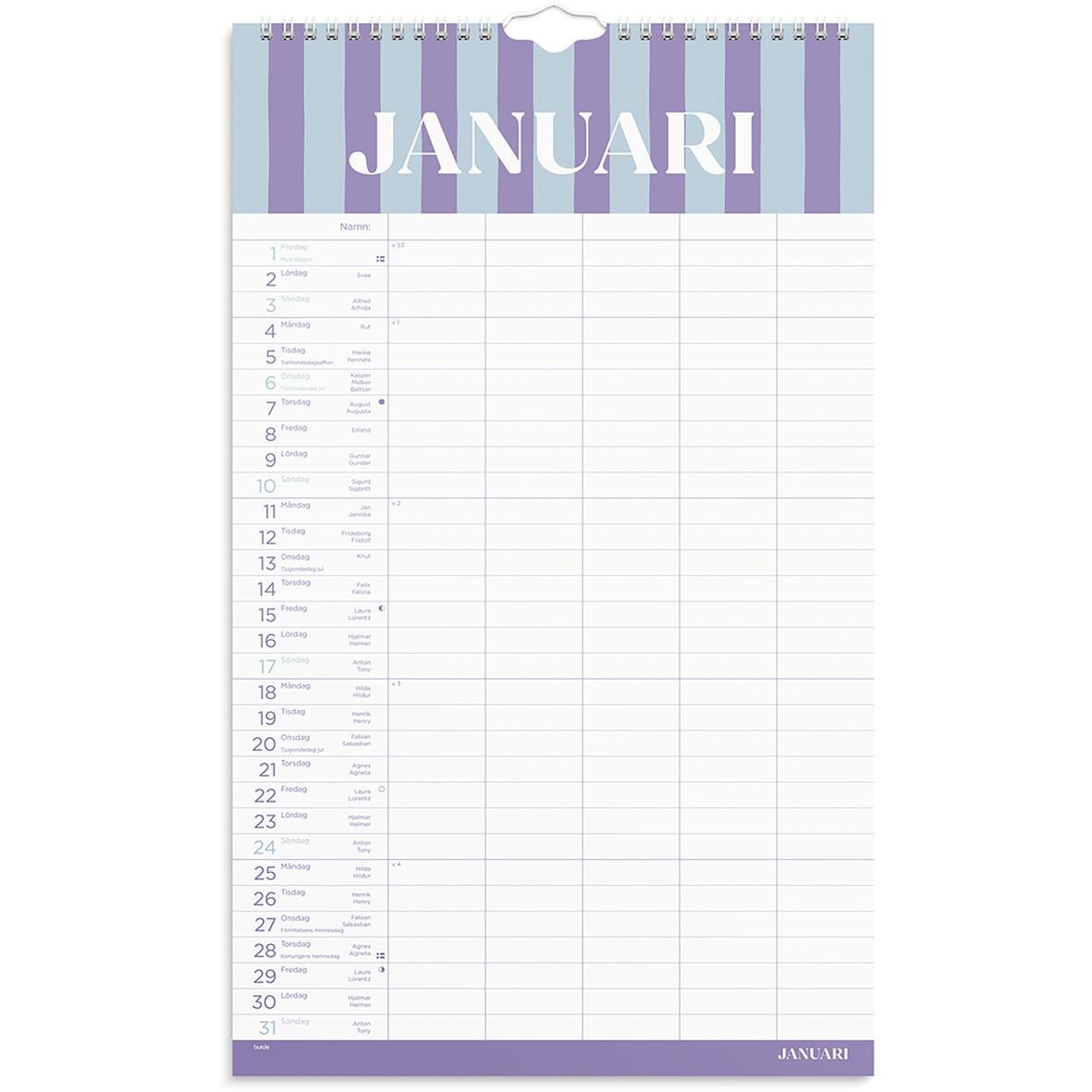 Familjekalender för januari 2027 med färgglada block och datumlistor