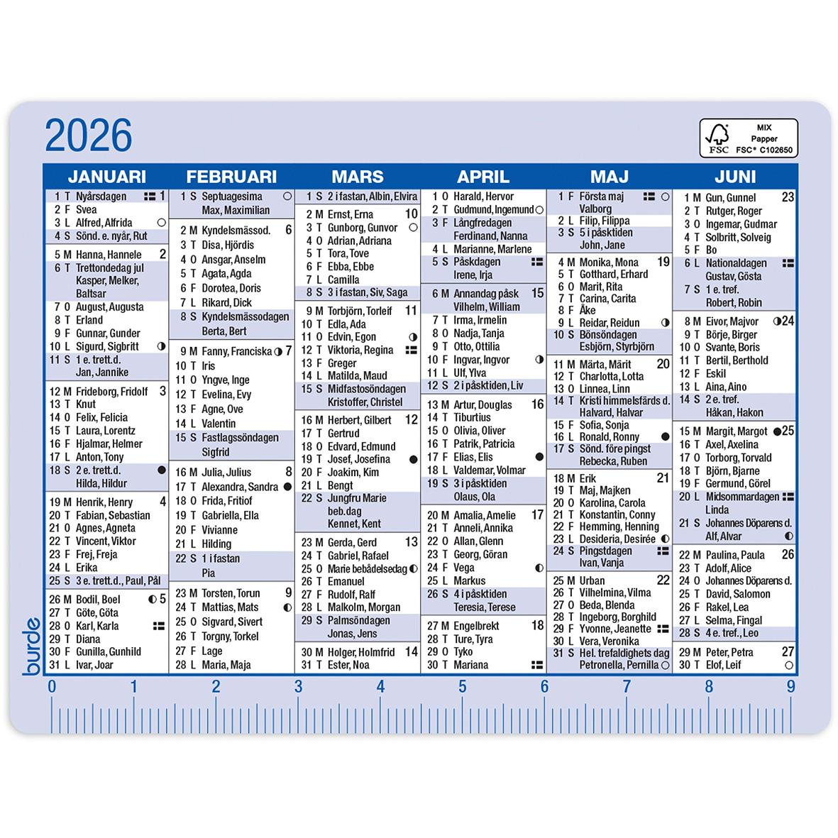 Kalenderkort för 2026 med månader januari till juni, dagliga datum och veckonummer