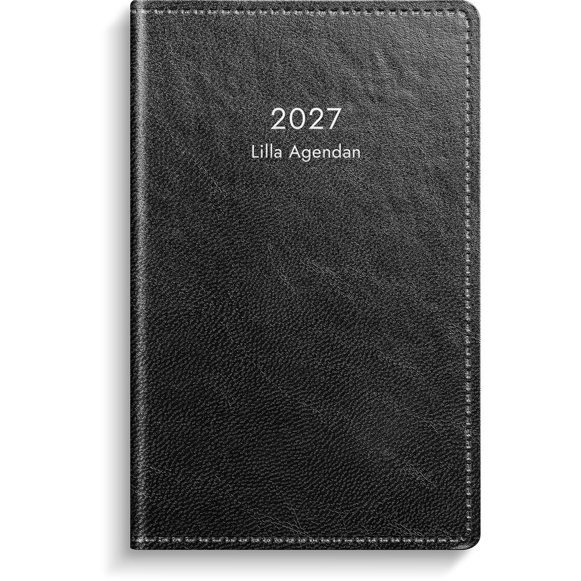 Svart konstläderalmanacka för 2026 med liten agenda och inbunden design