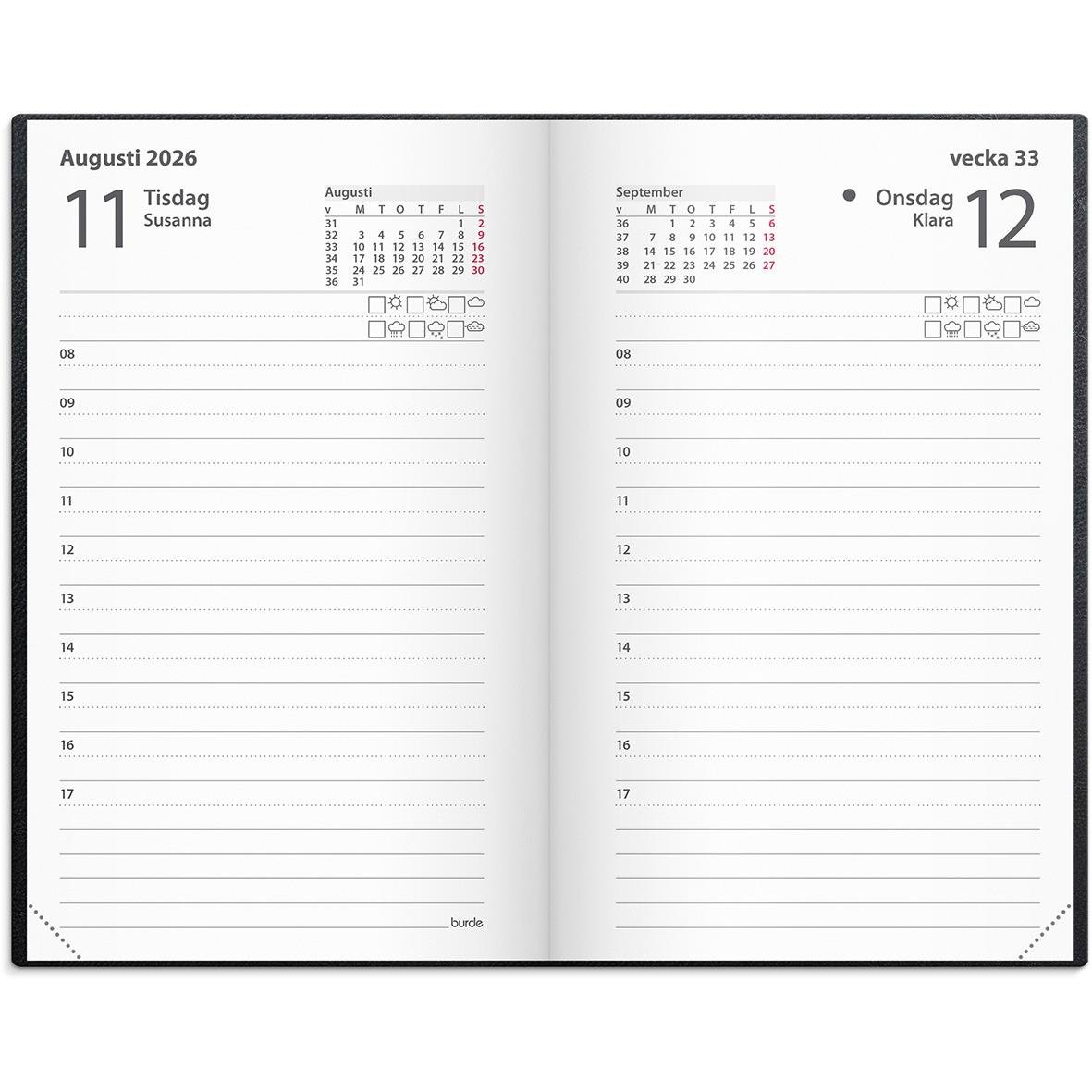 Liten, konstläderinbunden almanacka för 2026 med veckovisa sidor för augusti till september 2026