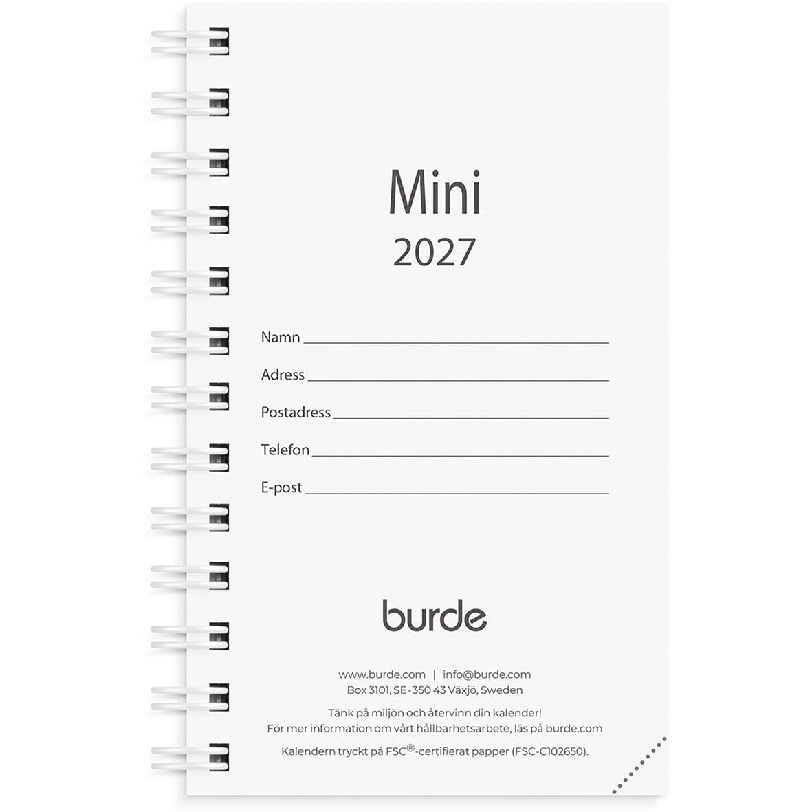 Mini refill almanacka för 2026 med plats för kontaktuppgifter och Burde-logga