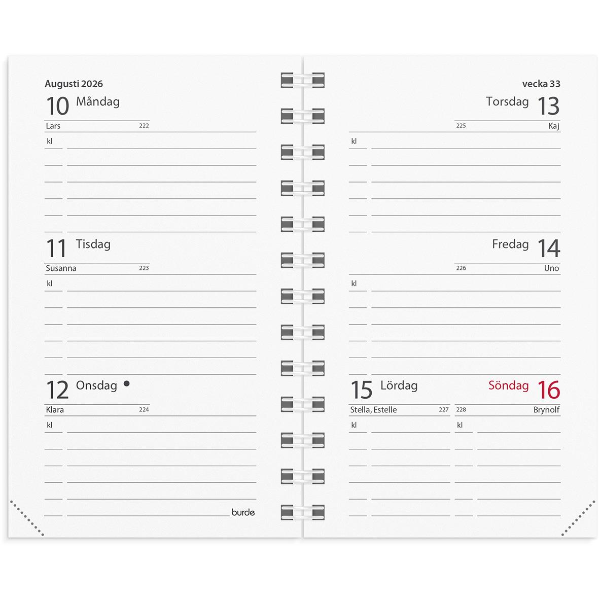 Mini refill almanacka för 2026 med veckovy, datum och plats för anteckningar