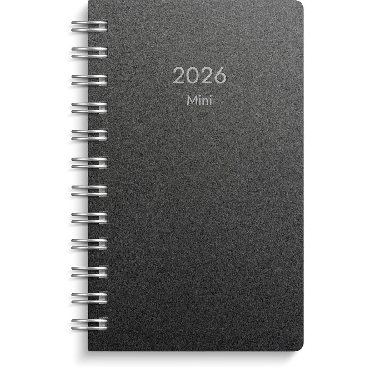 Mini almanacka för 2026 med svart omslag och spiralbindning