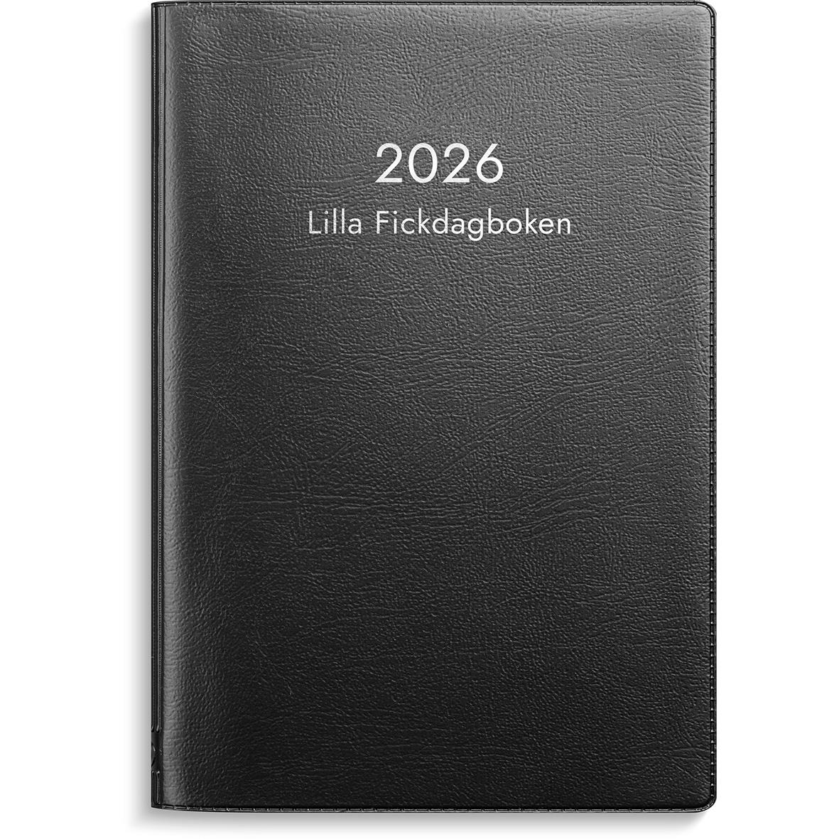 Svart plastalmanacka för 2026 med titeln Lilla Fickdagboken