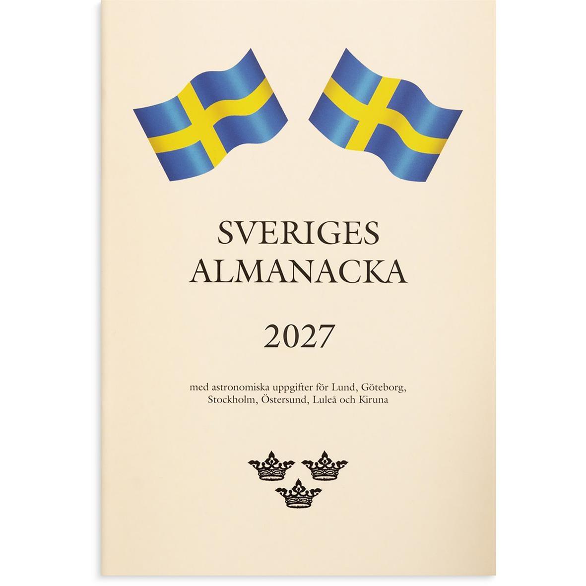 Sveriges Almanacka 2026 med svenska flaggor och astronomiska uppgifter för flera städer