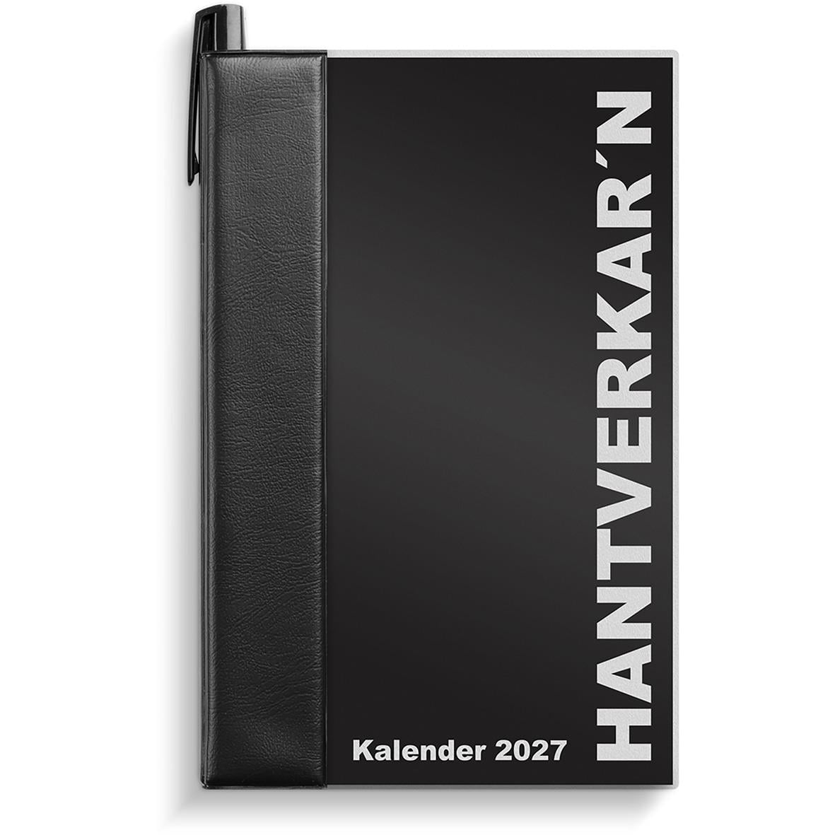 Almanacka för 2026 med svart omslag och text HANTVERKAR.N samt kalender 2026