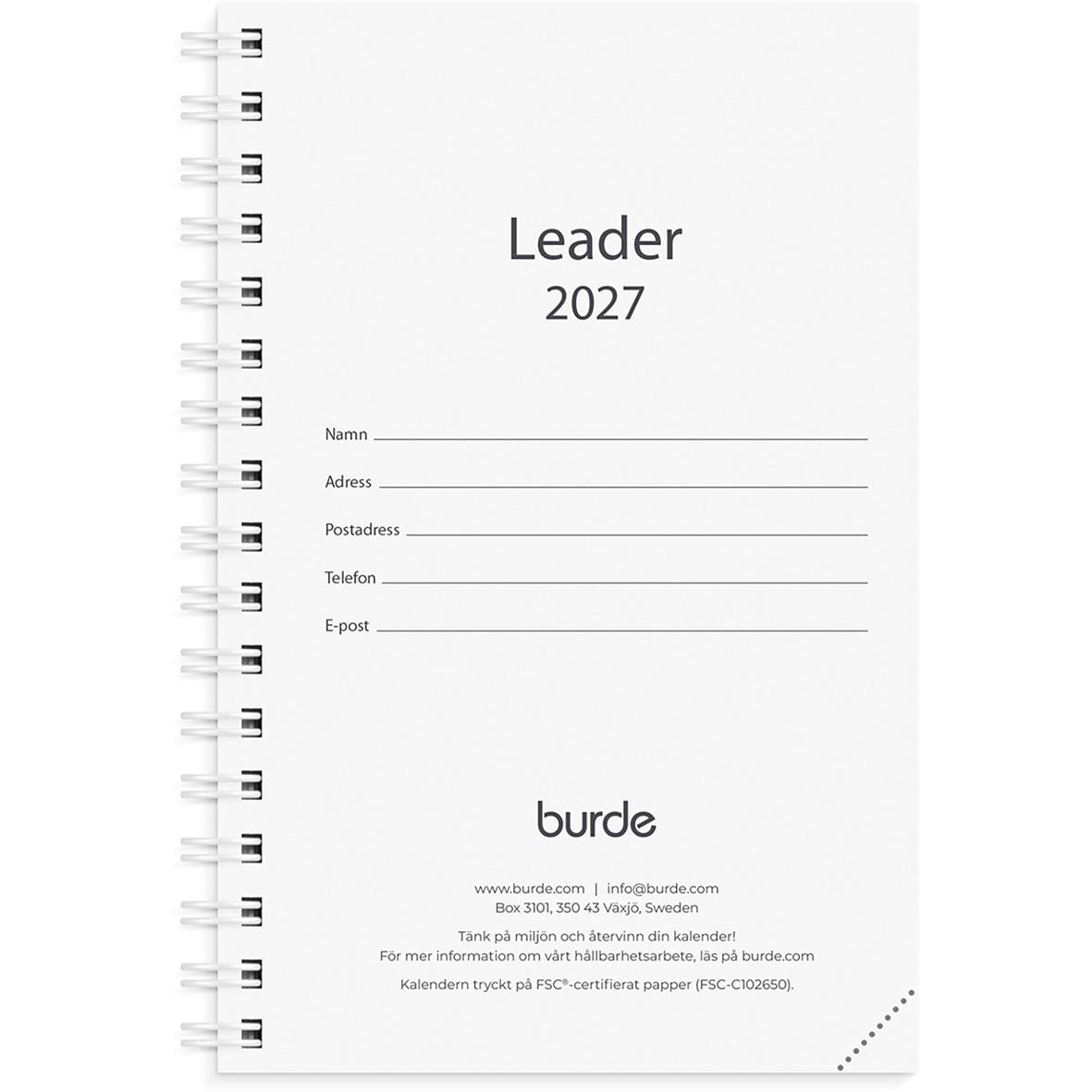 Almanacka Burde 3330 Leader Refill 2026, vit spiralbundet kalender för 2026 med plats för kontaktuppgifter