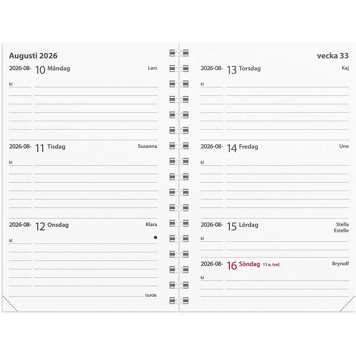 Almanacka Burde 3330 Leader Refill 2026 för vecka 33, augusti 2026, med datum och plats för anteckningar