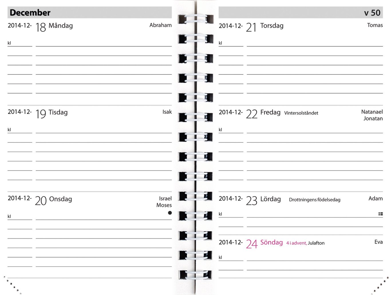 Öppnad almanacka för 2026 med datum och veckodagar, visar december månad