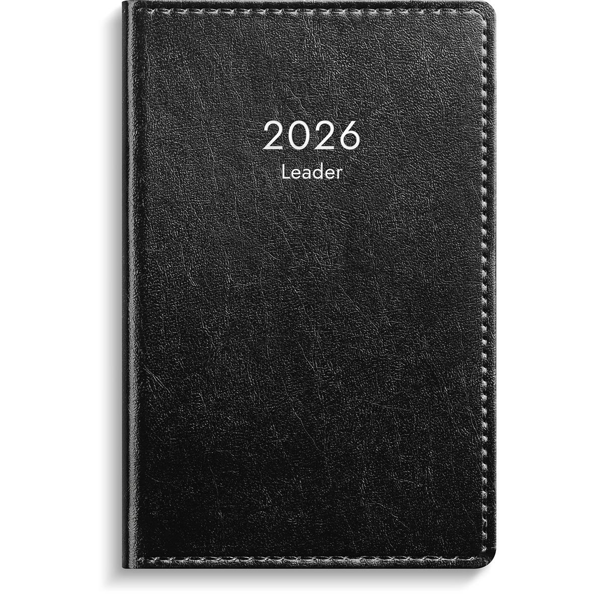 Svart konstläderalmanacka för 2026 med ledare i inbunden design
