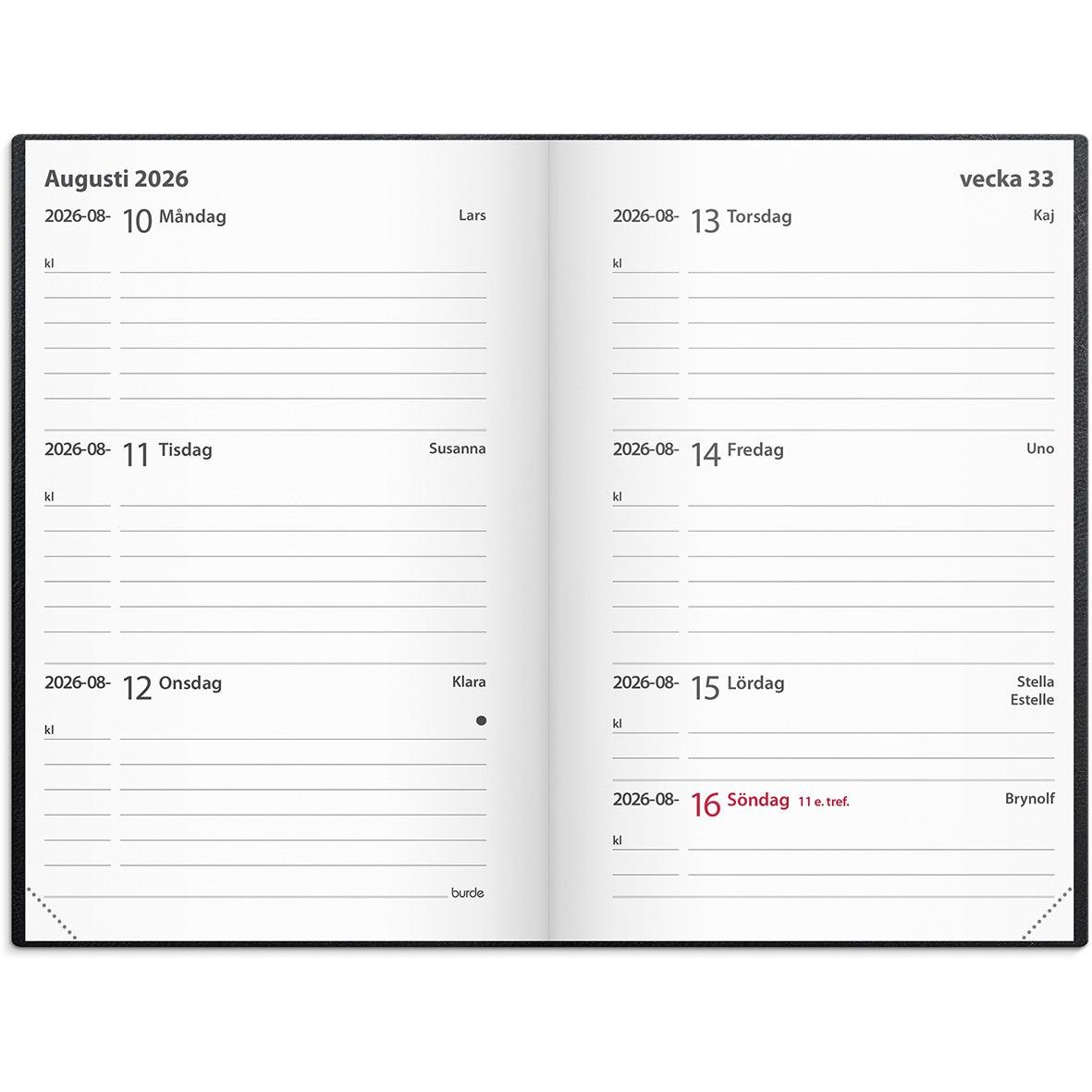 Svart inbunden almanacka för 2026 med veckodagar och datum, visar augusti med plats för anteckningar