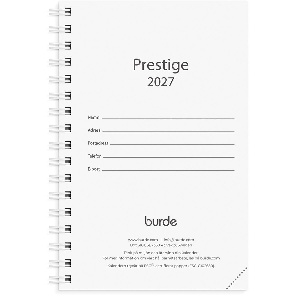 Almanacka Burde 3340 Prestige Refill 2026 med blank sida och plats för kontaktuppgifter