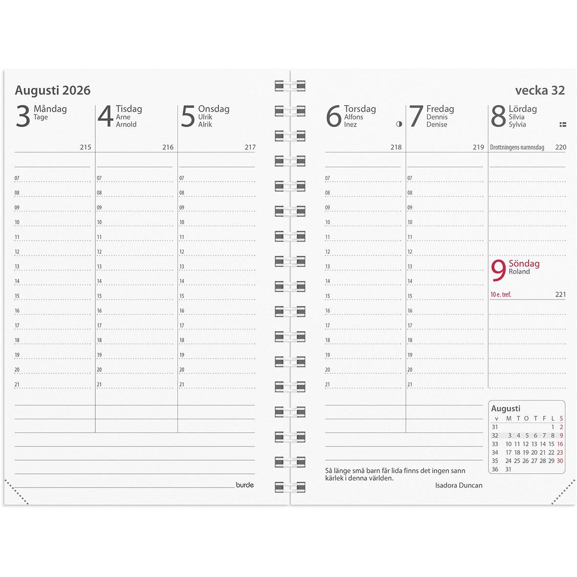 Almanacka Burde 3340 Prestige Refill 2026 för augusti 2026, veckas vy med dagar och datum