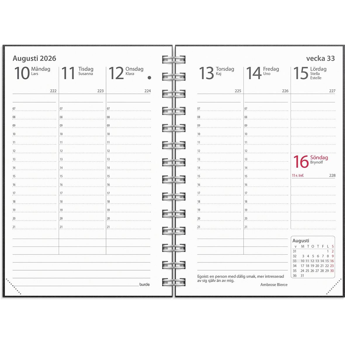 Översiktssida för kalendern augusti 2026 med veckodagar och datum, svart och vit design