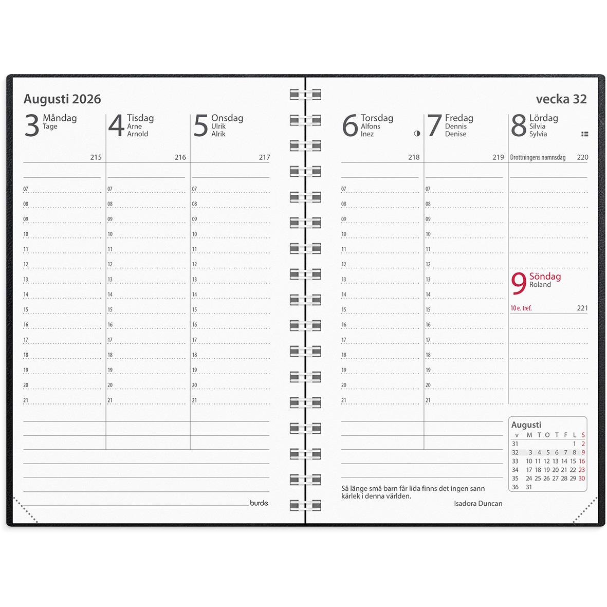 Öppnad Almanacka Burde 3349 Prestige Konstläder 2026 i svart för augusti