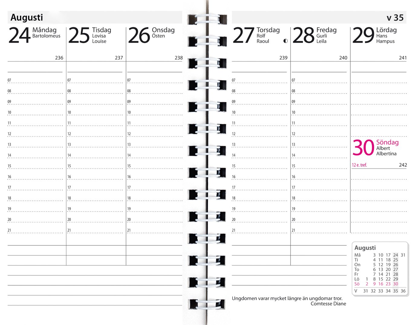 Översikt av veckoplanerare för vecka 24 till 30 i augusti 2026, med datum och plats för anteckningar, i svart skinnomslag