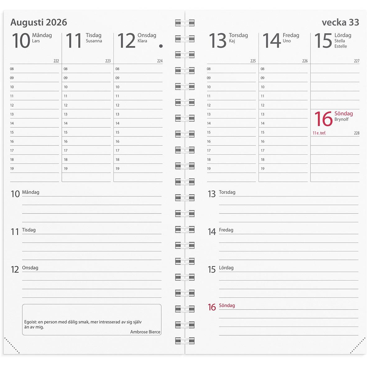 Almanacka Burde 3630 Minister Refill 2026 för vecka 33, 10-16 augusti, med datum och veckonummer