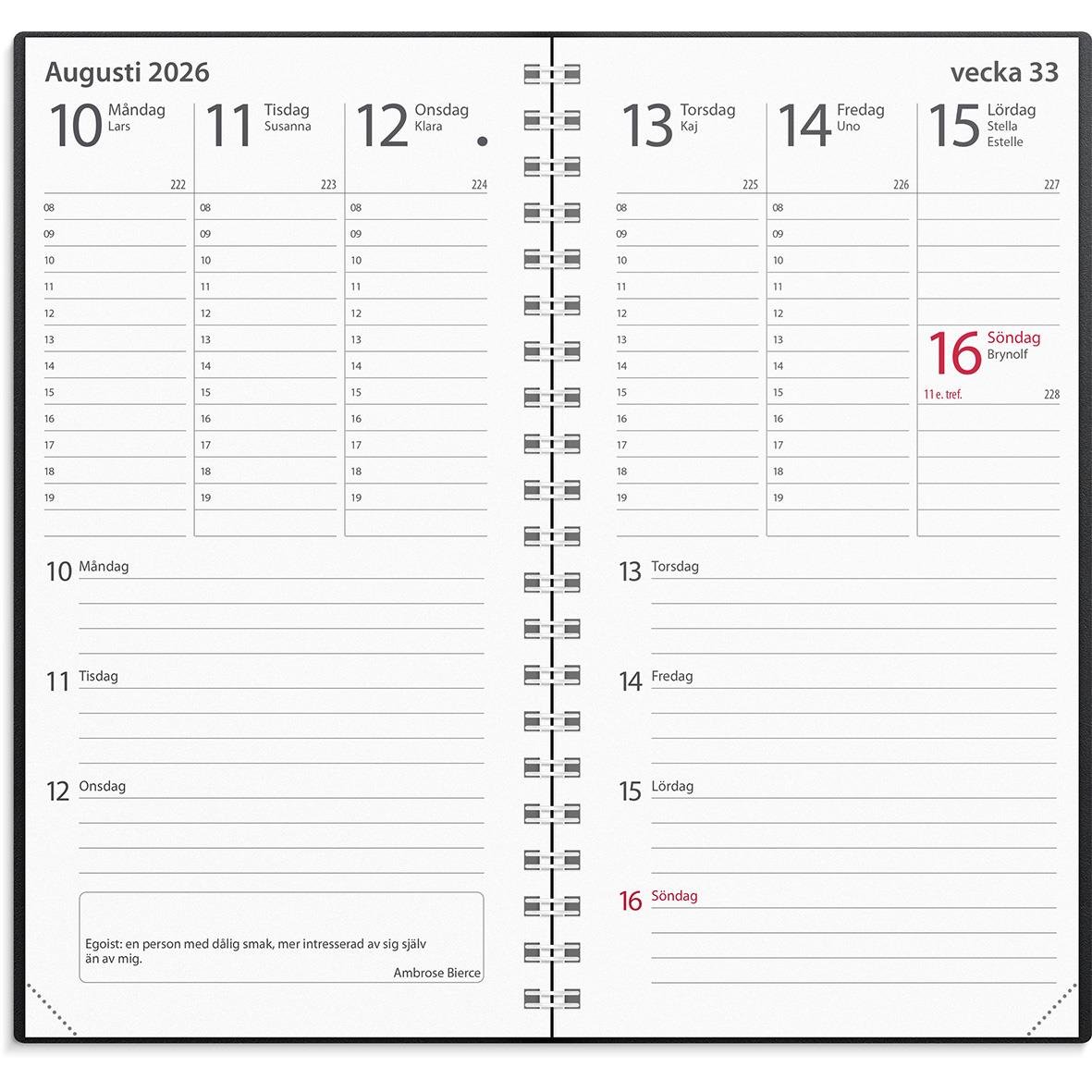Veckoplanerare för vecka 33 i augusti 2026 med datum och veckodagar, svart plastomslag