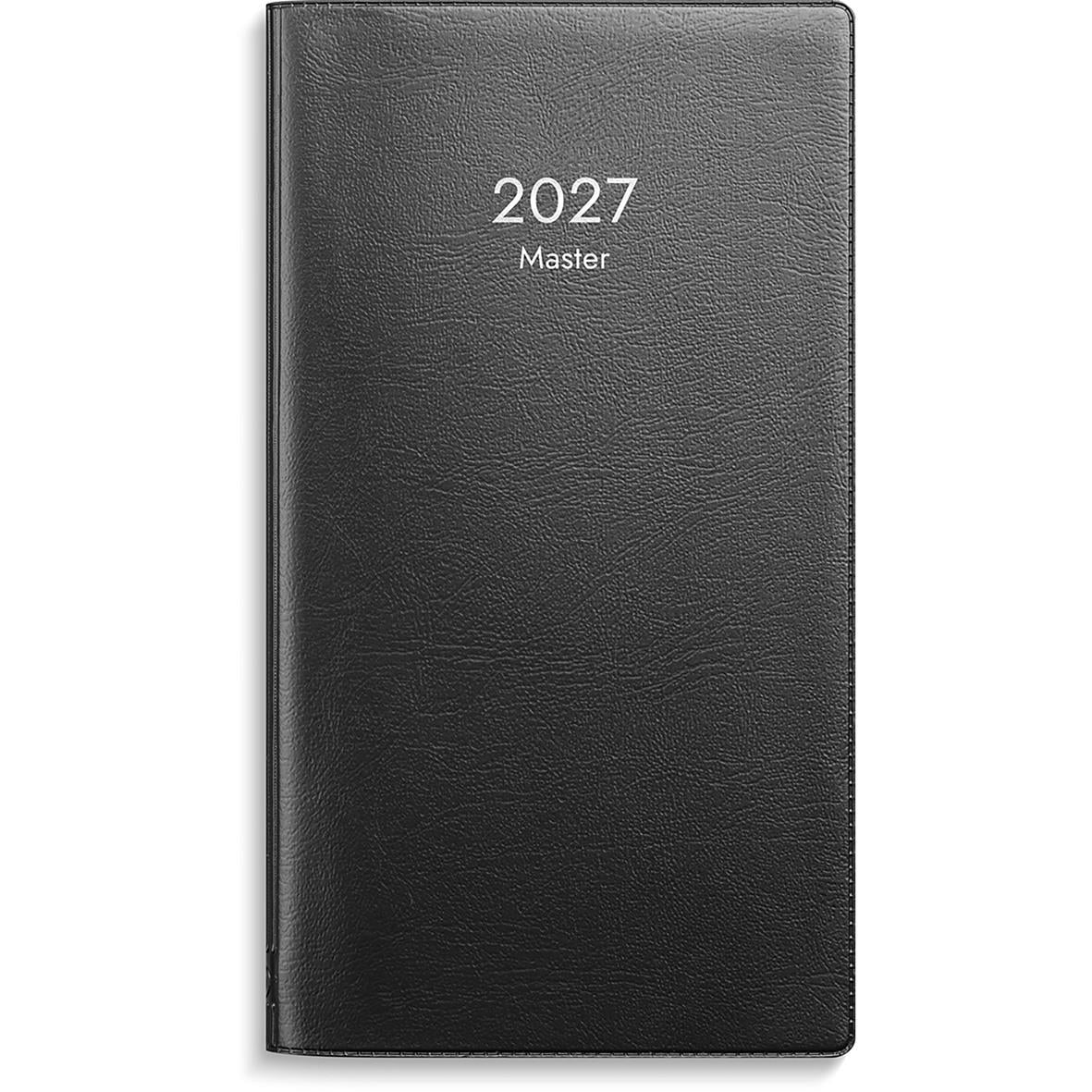 Svart almanacka för 2026 med plastomslag och titeln 2026 Master