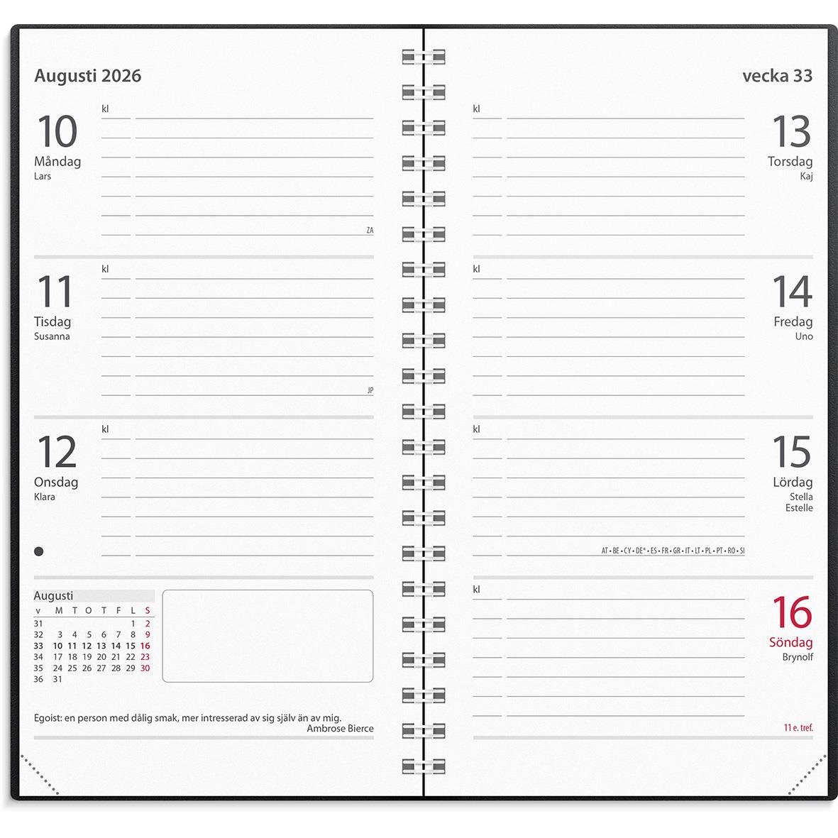Svart almanacka för 2026 med veckoplanering och datum för augusti, öppnad för vecka 33