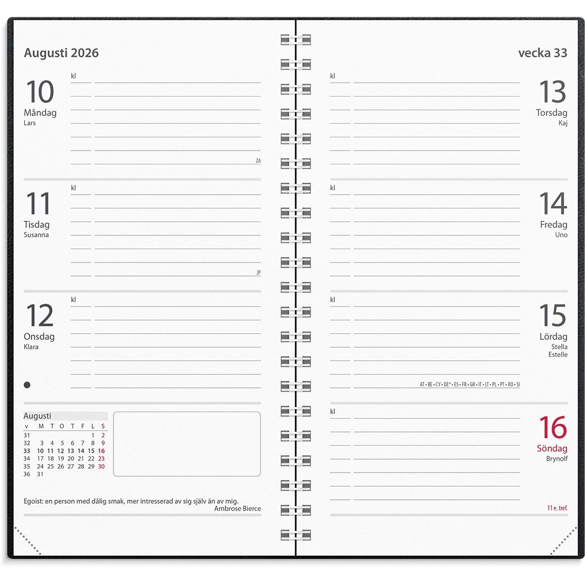 " för 2026 med svart konstläderomslag, veckodagar och datum för augusti, öppet i mitten"